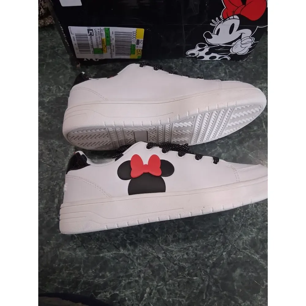 Disney Minnie Mouse Sneakers Ladies Size 8 White Polka Dot Laces Red Bow New